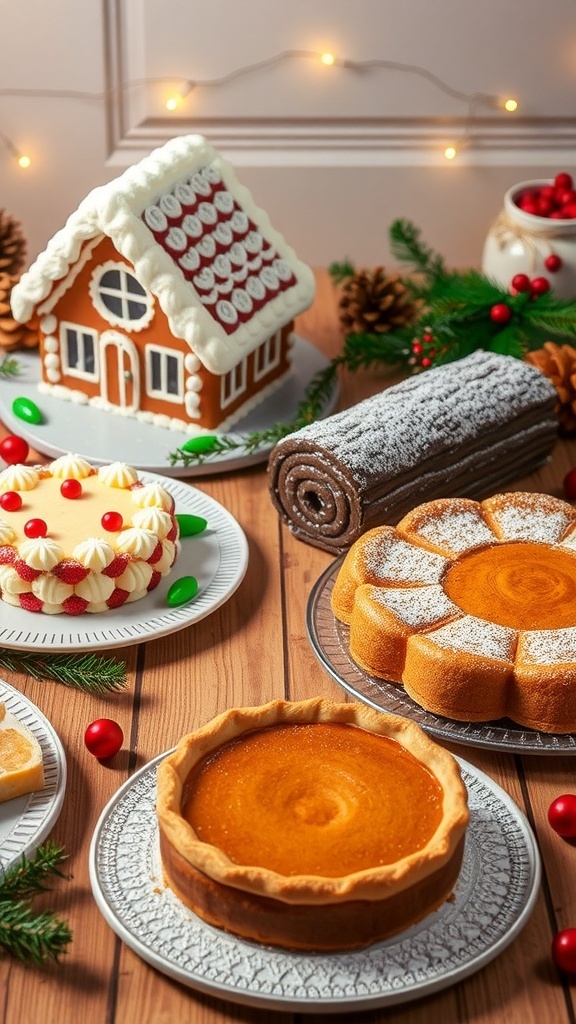Freezable Christmas Desserts A collection of Christmas desserts including gingerbread cookies, chocolate yule log, and pumpkin pie on a festive table.
